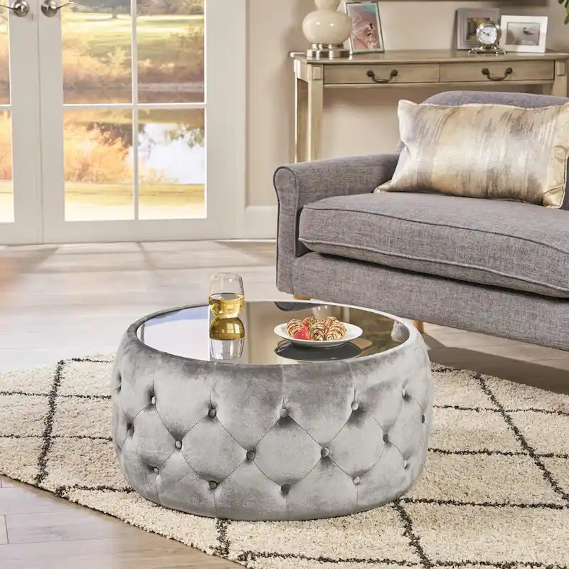 Pouf capitonné en velours fumée / cobalt / beige / rose avec plateau en verre trempé pour 1 personne