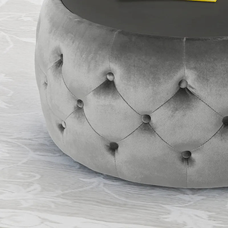 Pouf capitonné en velours fumée / cobalt / beige / rose avec plateau en verre trempé pour 1 personne