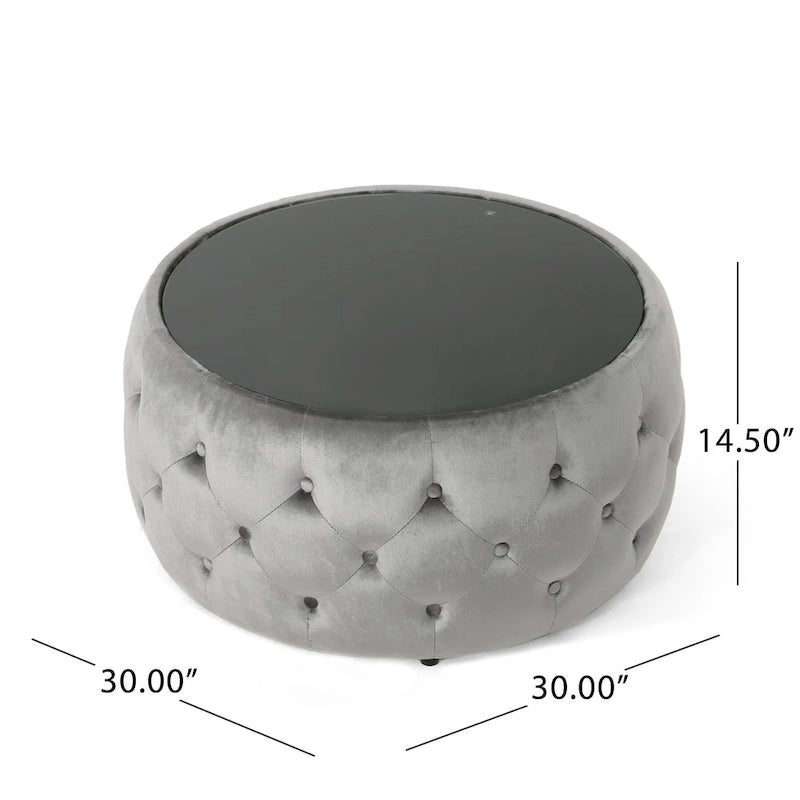 Pouf capitonné en velours fumée / cobalt / beige / rose avec plateau en verre trempé pour 1 personne