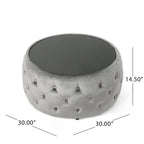 Pouf capitonné en velours fumée / cobalt / beige / rose avec plateau en verre trempé pour 1 personne
