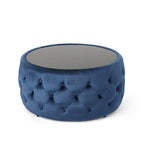 Pouf capitonné en velours fumée / cobalt / beige / rose avec plateau en verre trempé pour 1 personne