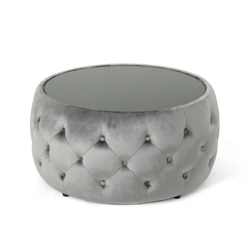 Pouf capitonné en velours fumée / cobalt / beige / rose avec plateau en verre trempé pour 1 personne