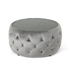 Pouf capitonné en velours fumée / cobalt / beige / rose avec plateau en verre trempé pour 1 personne