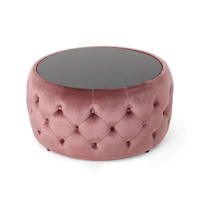 Pouf capitonné en velours fumée / cobalt / beige / rose avec plateau en verre trempé pour 1 personne