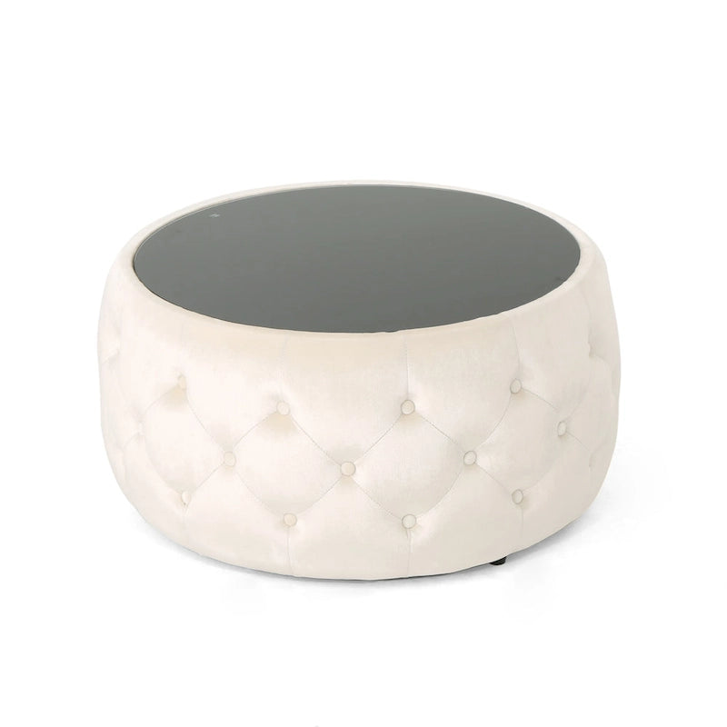 Pouf capitonné en velours fumée / cobalt / beige / rose avec plateau en verre trempé pour 1 personne