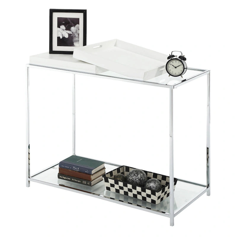 Console avec étagère et plateaux amovibles – Noir / Blanc / Bambou, Chrome et verre modernes, Utilisateur unique