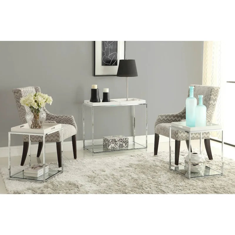 Console avec étagère et plateaux amovibles – Noir / Blanc / Bambou, Chrome et verre modernes, Utilisateur unique