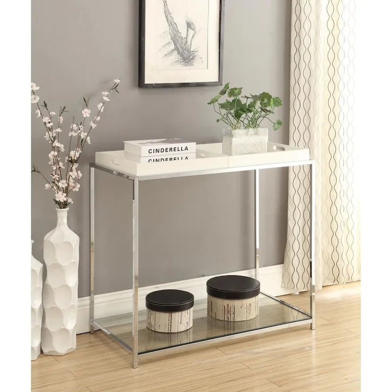 Console avec étagère et plateaux amovibles – Noir / Blanc / Bambou, Chrome et verre modernes, Utilisateur unique
