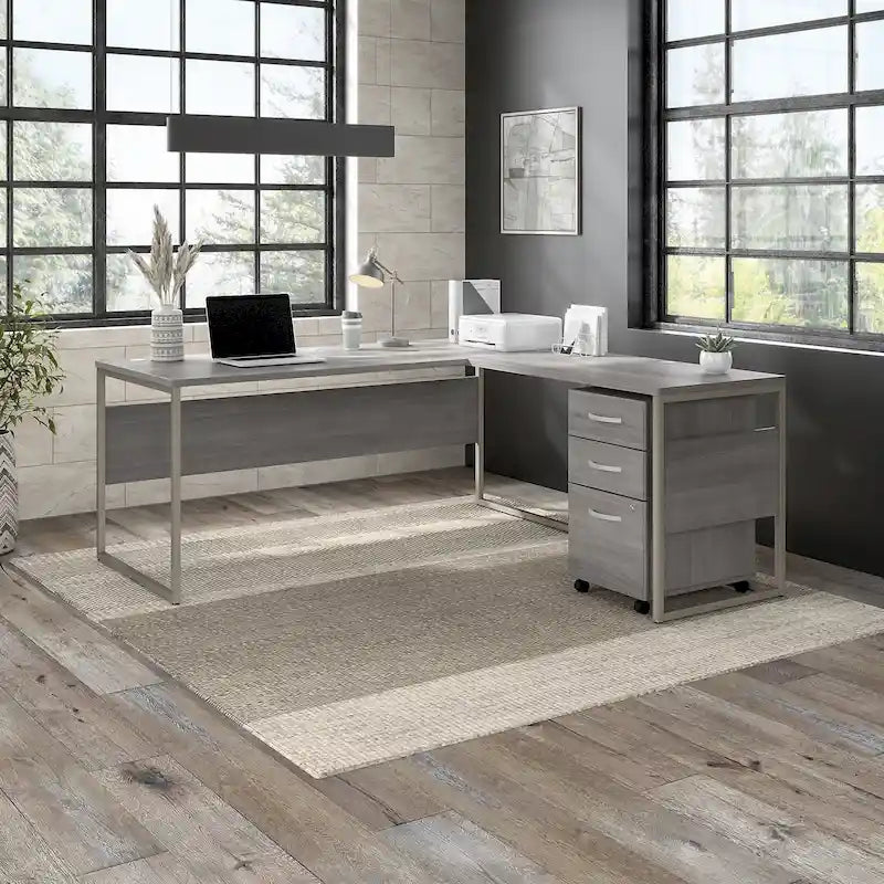 Bureau en L gris platine / blanc / gris orage / noyer moderne / noyer noir avec classeur mobile à 3 tiroirs pour 1 personne
