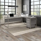 Bureau en L gris platine / blanc / gris orage / noyer moderne / noyer noir avec classeur mobile à 3 tiroirs pour 1 personne