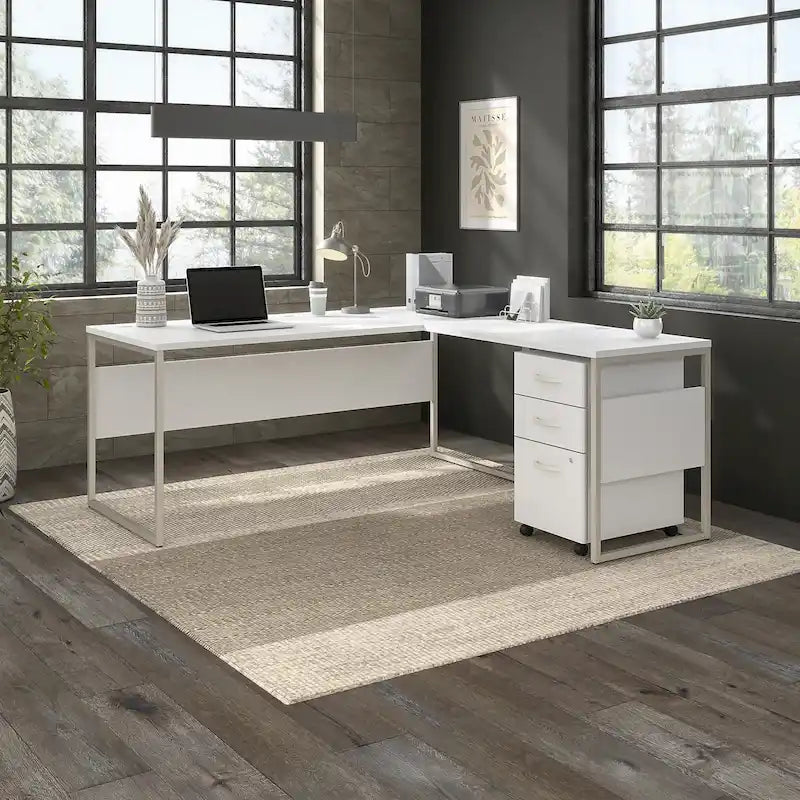 Bureau en L gris platine / blanc / gris orage / noyer moderne / noyer noir avec classeur mobile à 3 tiroirs pour 1 personne