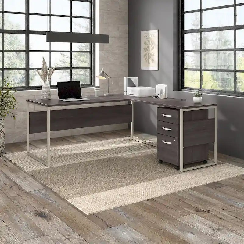 Bureau en L gris platine / blanc / gris orage / noyer moderne / noyer noir avec classeur mobile à 3 tiroirs pour 1 personne