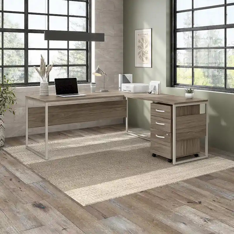 Bureau en L gris platine / blanc / gris orage / noyer moderne / noyer noir avec classeur mobile à 3 tiroirs pour 1 personne