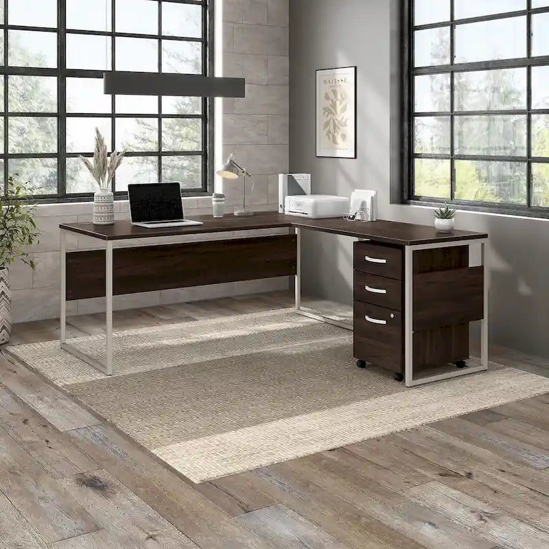 Bureau en L gris platine / blanc / gris orage / noyer moderne / noyer noir avec classeur mobile à 3 tiroirs pour 1 personne
