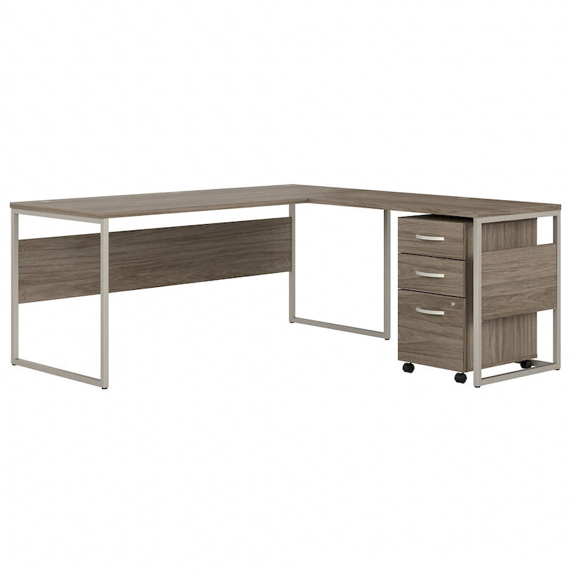 Bureau en L gris platine / blanc / gris orage / noyer moderne / noyer noir avec classeur mobile à 3 tiroirs pour 1 personne