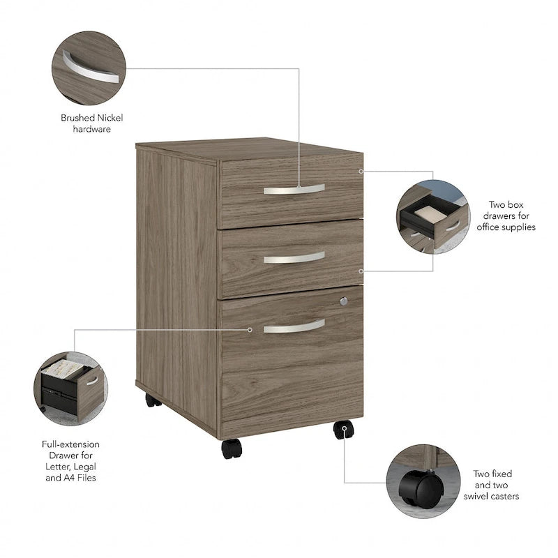 Bureau en L gris platine / blanc / gris orage / noyer moderne / noyer noir avec classeur mobile à 3 tiroirs pour 1 personne