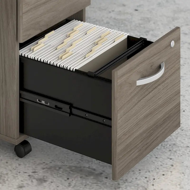 Bureau en L gris platine / blanc / gris orage / noyer moderne / noyer noir avec classeur mobile à 3 tiroirs pour 1 personne