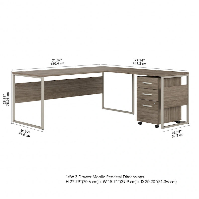 Bureau en L gris platine / blanc / gris orage / noyer moderne / noyer noir avec classeur mobile à 3 tiroirs pour 1 personne