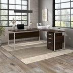 Bureau en L gris platine / blanc / gris orage / noyer moderne / noyer noir avec classeur mobile à 3 tiroirs pour 1 personne