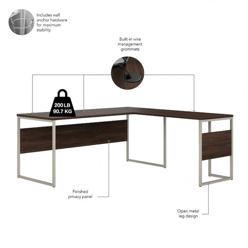 Bureau en L gris platine / blanc / gris orage / noyer moderne / noyer noir avec classeur mobile à 3 tiroirs pour 1 personne