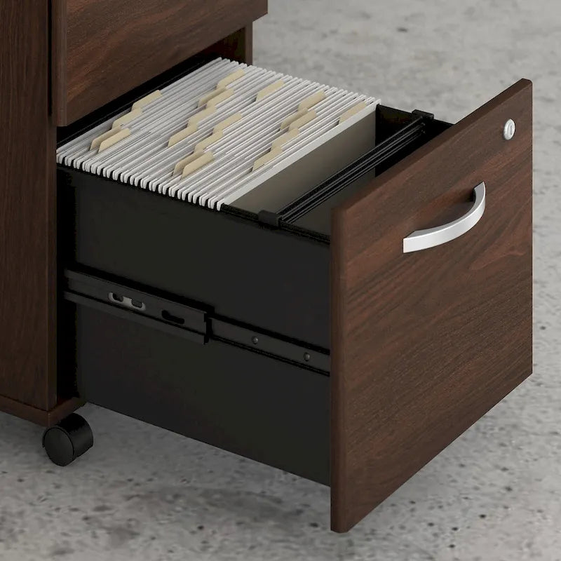 Bureau en L gris platine / blanc / gris orage / noyer moderne / noyer noir avec classeur mobile à 3 tiroirs pour 1 personne