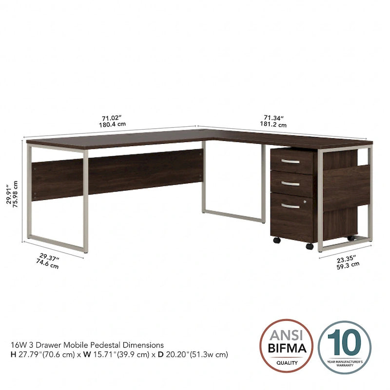 Bureau en L gris platine / blanc / gris orage / noyer moderne / noyer noir avec classeur mobile à 3 tiroirs pour 1 personne