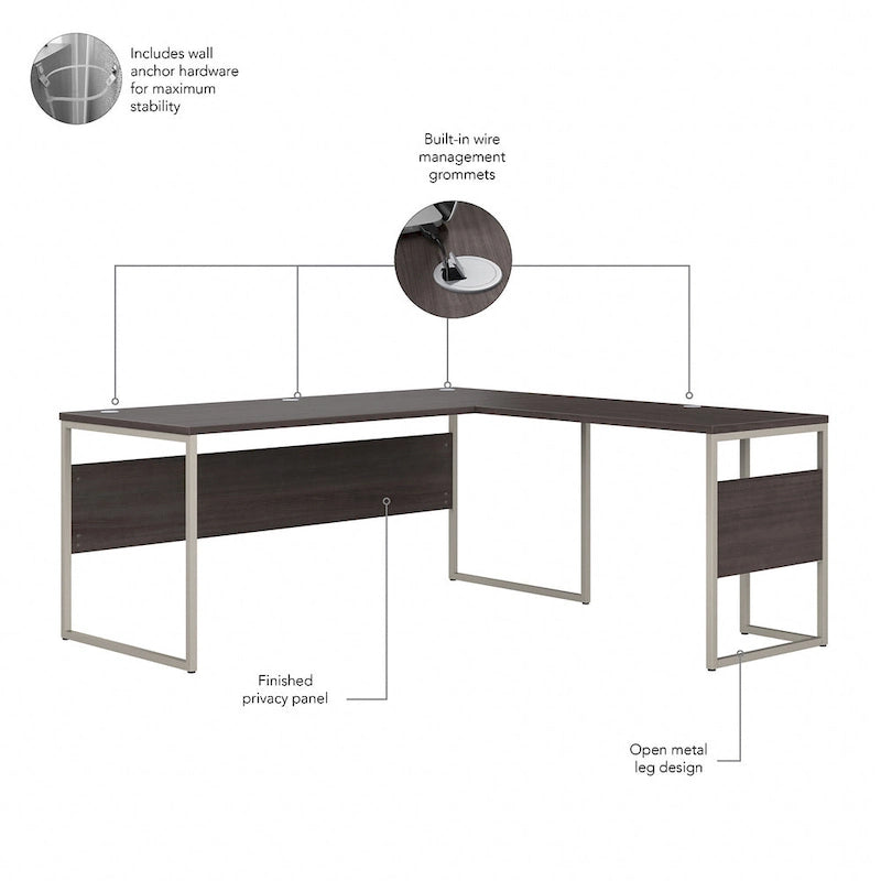 Bureau en L gris platine / blanc / gris orage / noyer moderne / noyer noir avec classeur mobile à 3 tiroirs pour 1 personne