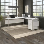 Bureau en L gris platine / blanc / gris orage / noyer moderne / noyer noir avec classeur mobile à 3 tiroirs pour 1 personne