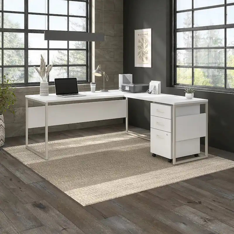 Bureau en L gris platine / blanc / gris orage / noyer moderne / noyer noir avec classeur mobile à 3 tiroirs pour 1 personne