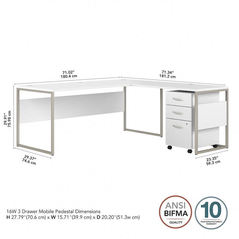 Bureau en L gris platine / blanc / gris orage / noyer moderne / noyer noir avec classeur mobile à 3 tiroirs pour 1 personne