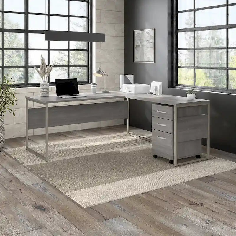 Bureau en L gris platine / blanc / gris orage / noyer moderne / noyer noir avec classeur mobile à 3 tiroirs pour 1 personne