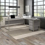Bureau en L gris platine / blanc / gris orage / noyer moderne / noyer noir avec classeur mobile à 3 tiroirs pour 1 personne