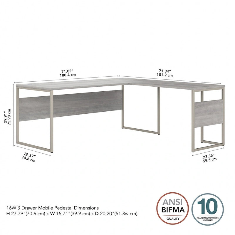 Bureau en L gris platine / blanc / gris orage / noyer moderne / noyer noir avec classeur mobile à 3 tiroirs pour 1 personne