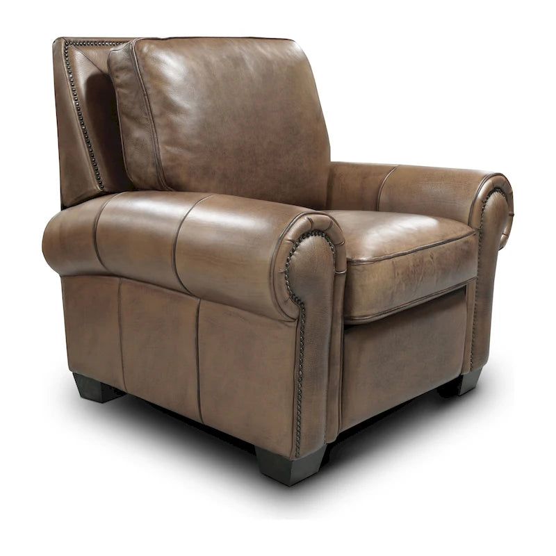 Fauteuil inclinable manuel en cuir pleine fleur vieilli à la main pour 1 personne – Tan / Taupe