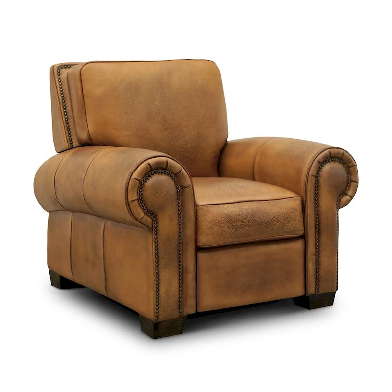 Fauteuil inclinable manuel en cuir pleine fleur vieilli à la main pour 1 personne – Tan / Taupe