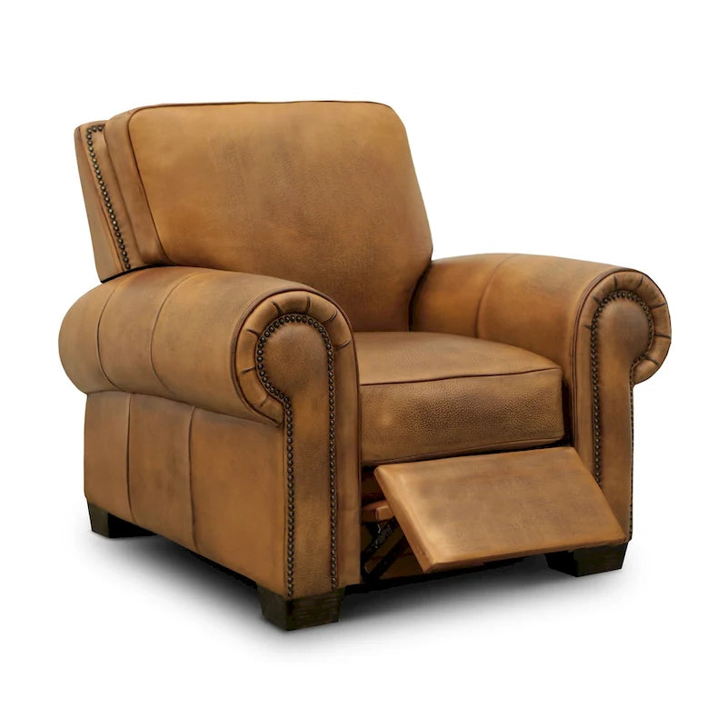 Fauteuil inclinable manuel en cuir pleine fleur vieilli à la main pour 1 personne – Tan / Taupe