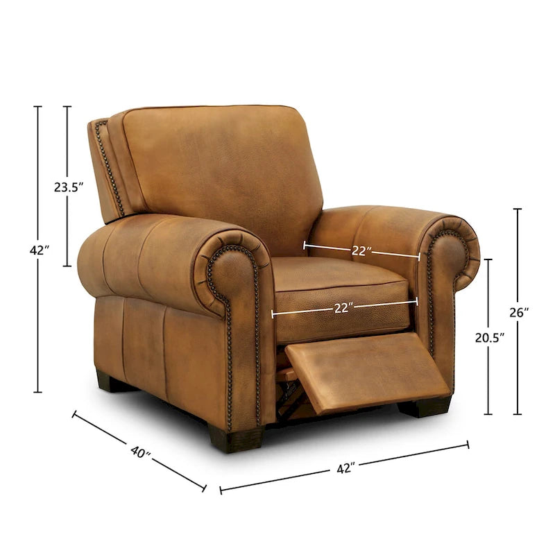 Fauteuil inclinable manuel en cuir pleine fleur vieilli à la main pour 1 personne – Tan / Taupe
