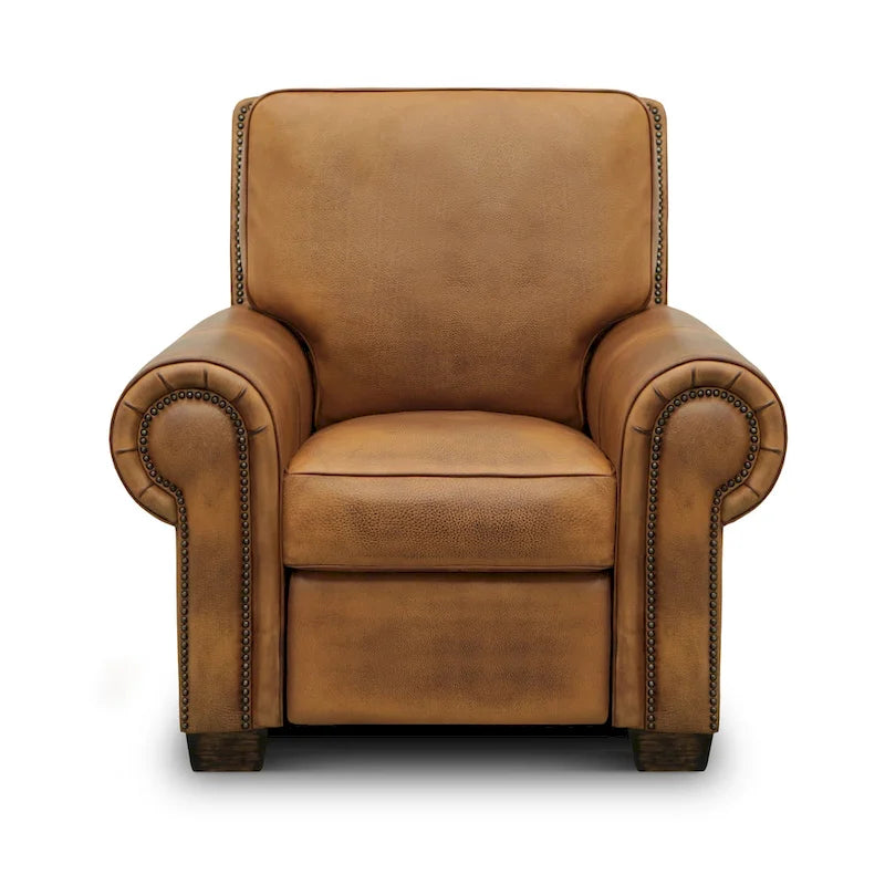 Fauteuil inclinable manuel en cuir pleine fleur vieilli à la main pour 1 personne – Tan / Taupe