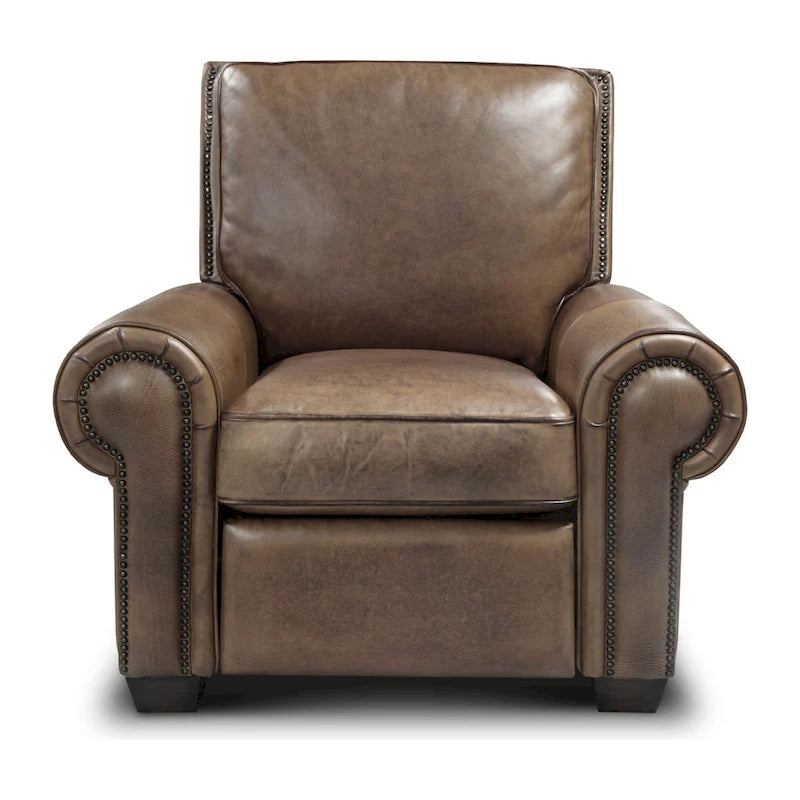 Fauteuil inclinable manuel en cuir pleine fleur vieilli à la main pour 1 personne – Tan / Taupe