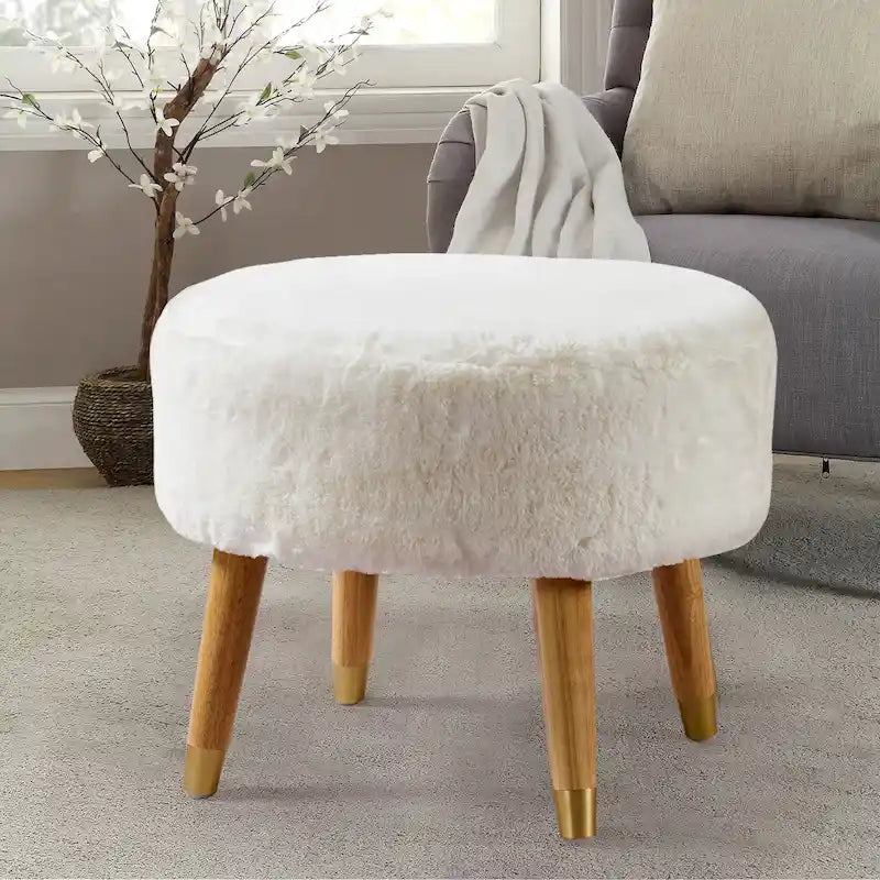 Ottoman ovale multicolore en fausse fourrure avec pieds en bois pour 1 personne