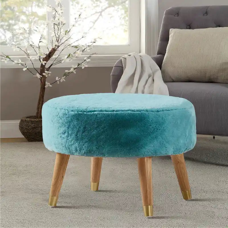 Ottoman ovale multicolore en fausse fourrure avec pieds en bois pour 1 personne