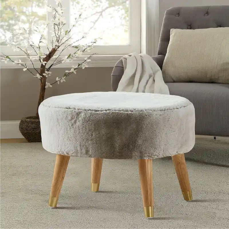 Ottoman ovale multicolore en fausse fourrure avec pieds en bois pour 1 personne