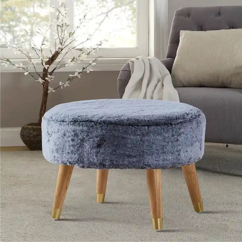 Ottoman ovale multicolore en fausse fourrure avec pieds en bois pour 1 personne