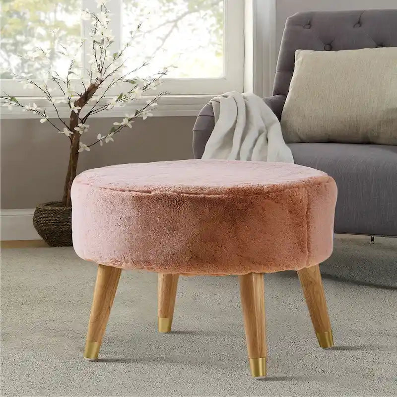 Ottoman ovale multicolore en fausse fourrure avec pieds en bois pour 1 personne