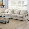 Canapé en lin beige/gris/noir avec console et ports USB pour 4 personnes