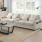Canapé en lin beige/gris/noir avec console et ports USB pour 4 personnes