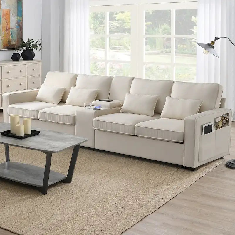 Canapé en lin beige/gris/noir avec console et ports USB pour 4 personnes