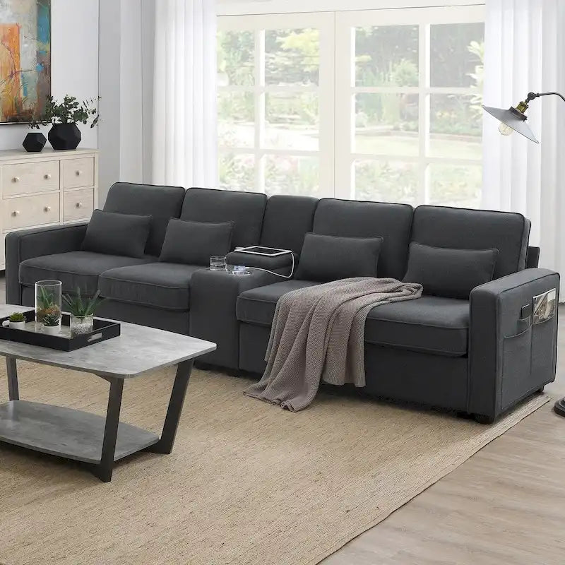Canapé en lin beige/gris/noir avec console et ports USB pour 4 personnes