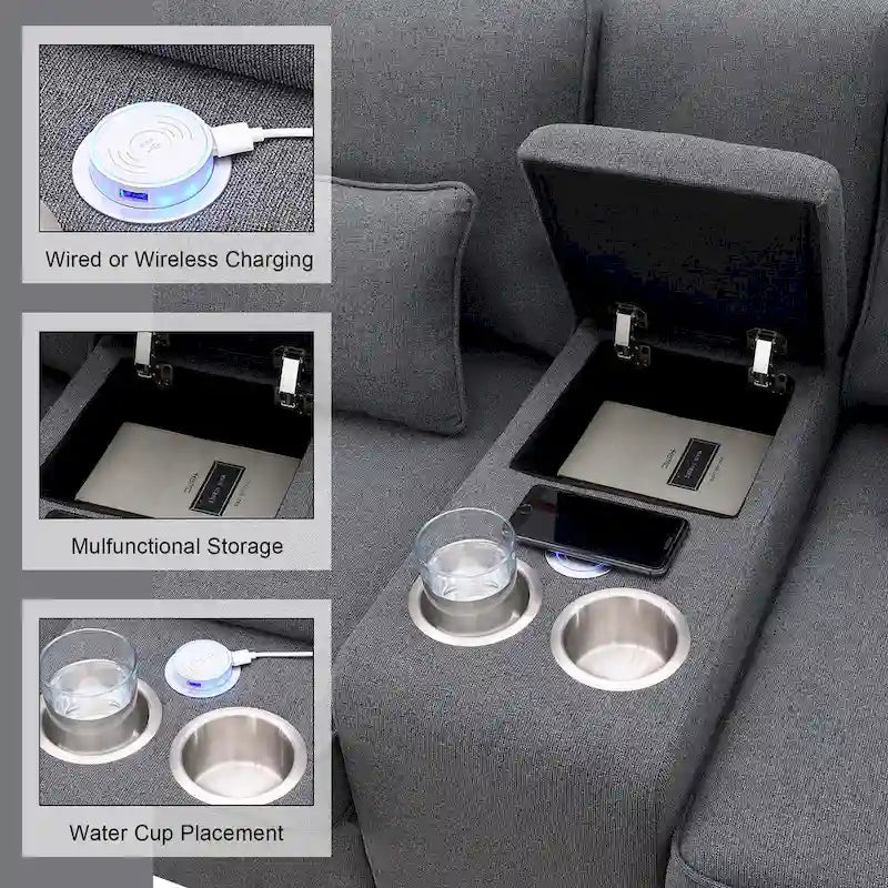 Canapé en lin beige/gris/noir avec console et ports USB pour 4 personnes