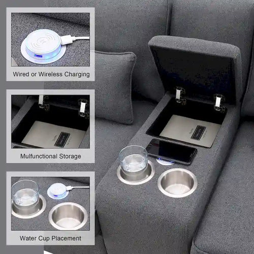 Canapé en lin beige/gris/noir avec console et ports USB pour 4 personnes